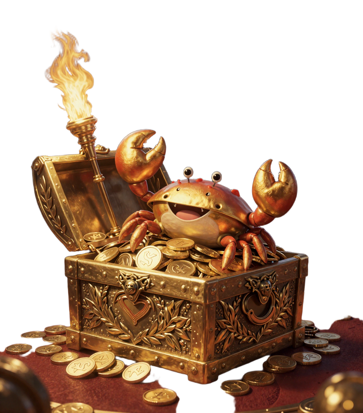 Goldene r&ouml;mische Schatztruhe mit Bonus Crab Maskottchen und M&uuml;nzhaufen f&uuml;r Legiano Casino Willkommensbonus