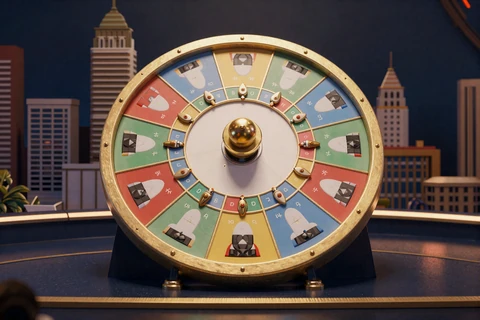 Monopoly Live Gl&uuml;cksrad mit Brettspiel-Segmenten und 3D Stadt-Hintergrund