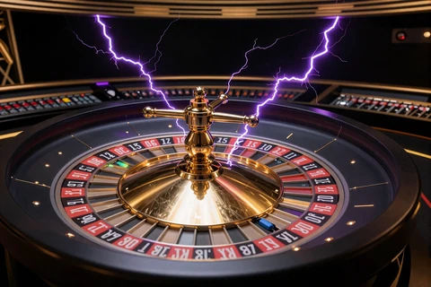 Lightning Roulette Tisch mit goldenem Rad und violetten Blitzeffekten