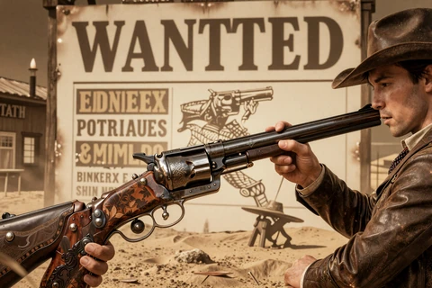Wanted Dead or a Wild Slot Artwork mit Revolver und Westernkulisse