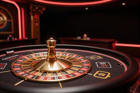 Dunkle Live-Casino Studio Szene mit goldenem Roulette-Tisch im Legiano Casino