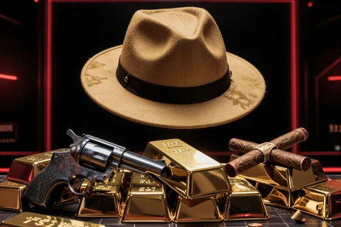 Mafia Gold Slot mit goldenem Fedora-Hut Revolver und Goldbarren im Noir-Stil