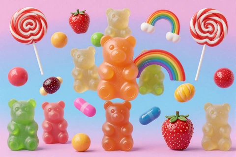 Sweet Bonanza Slot Artwork mit bunten S&uuml;&szlig;igkeiten und Cluster-Pays-Symbolen