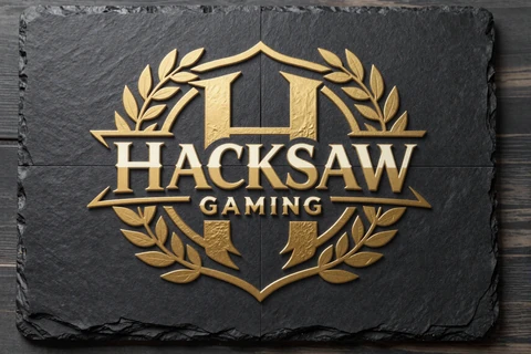 Hacksaw Gaming Provider-Logo auf dunklem Schiefer mit goldenem Rand