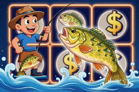Big Bass Bonanza Slot mit Angler und goldenem Fisch in cartoonhaftem Stil