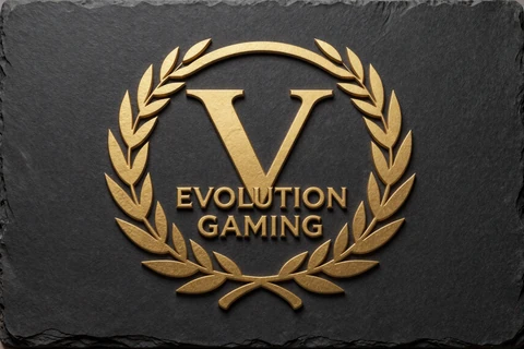 Evolution Gaming Provider-Logo auf dunklem Schiefer mit goldenem Rand