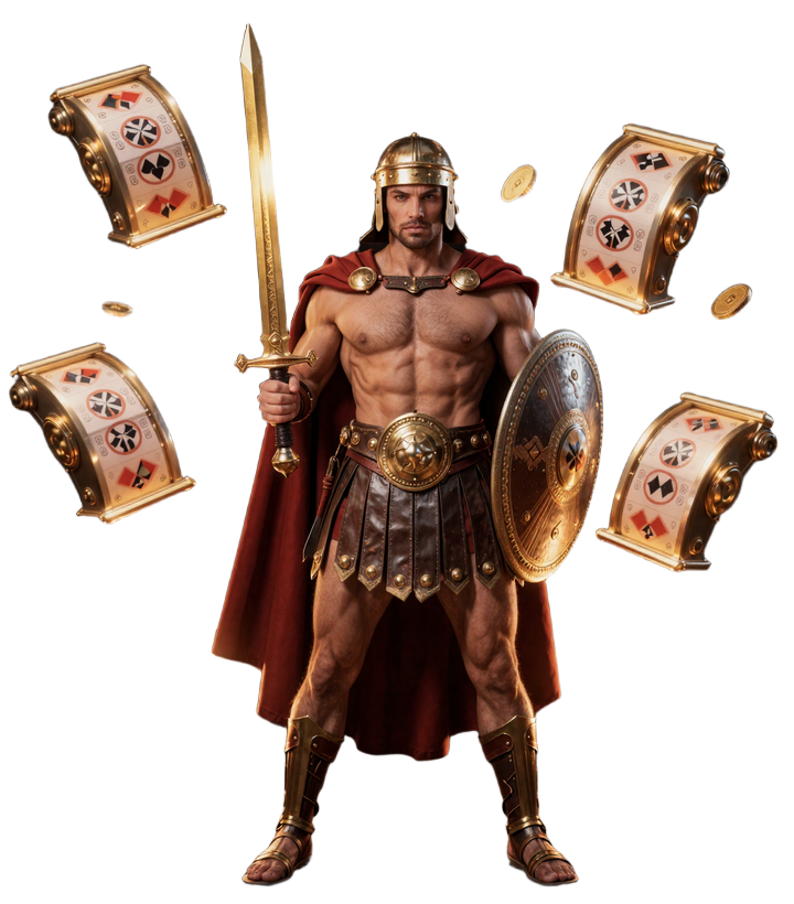 R&ouml;mischer Gladiator mit goldenem Schwert umgeben von schwebenden Slot-Walzen und Spielkarten in der Legiano Arena