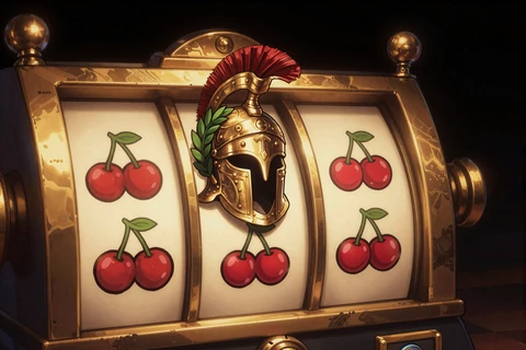 Goldene Spielautomaten-Walze mit r&ouml;mischem Helm symbolisiert Online Slots Kategorie bei Legiano