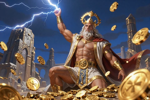 Gates of Olympus Slot Artwork mit Zeus und herabfallenden goldenen M&uuml;nzen