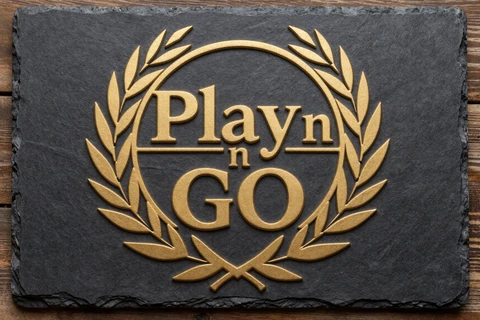 Play n GO Provider-Logo auf dunklem Schiefer mit goldenem Rand