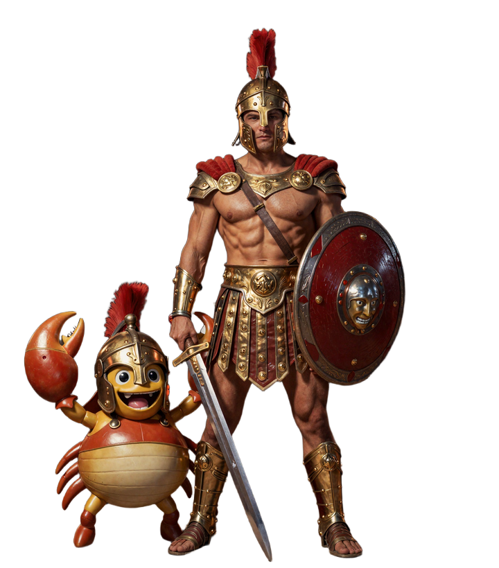 R&ouml;mischer Gladiator mit goldenem Helm und Bonus Crab Maskottchen vor dunkler Arena, Legiano Casino Hero Visual